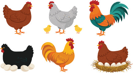 Farm chickens and roosters with eggs and chicks, colorful poultry birds, hen nests, rural animals, farmyard life illustration