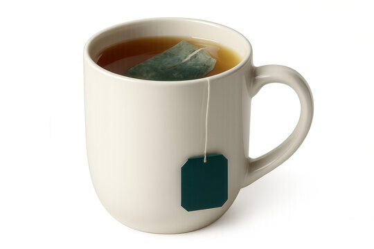 Steaming white mug brewing herbal tea, teabag visible, transparent background showcasing calming beverage essence