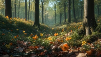 Sunlight filtering through a woodland path