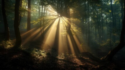 Sunlight streams through a misty forest