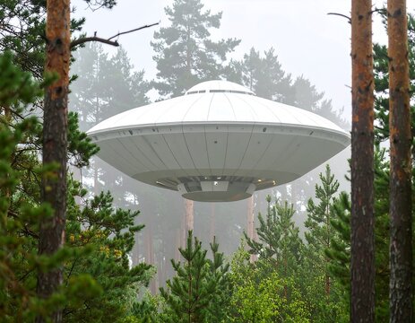 UFO hovering forest fog.
