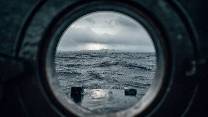 Fototapeta premium Submarine periscope view waves, rough seas with white foam, rain droplets on periscope glass, intense naval atmosphere