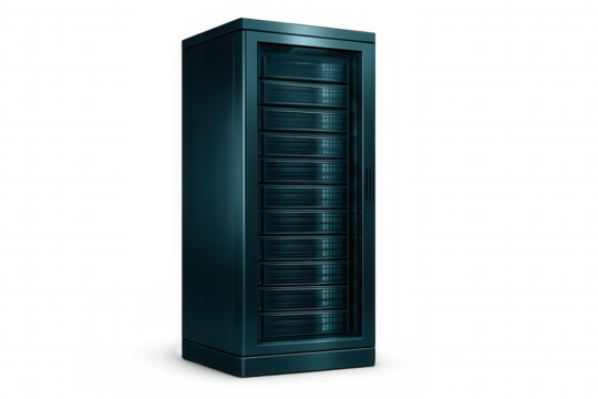 Modern server rack storing digital information with transparent background, ideal for technology and data storage concepts