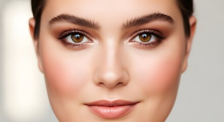 Fototapeta premium Radiant young woman with flawless makeup and captivating brown eyes, exuding natural beauty and confidence, perfect for beauty campaigns and lifestyle content