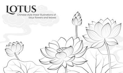 Horizontal hand-drawn linear lotus illustration with a floral background © jm