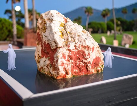 A large, multicolored stone rests in a dark, rectangular pool, flanked by two ethereal figures