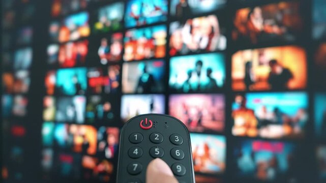 A remote in hand, navigating endless entertainment on a giant TV reflects the ease of modern content selection, home theater experiences, technological advancement, and the joy of streaming media.

