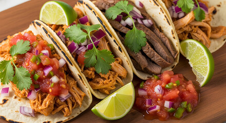 Close up of assorted tacos with meat and vegetable toppings on a board