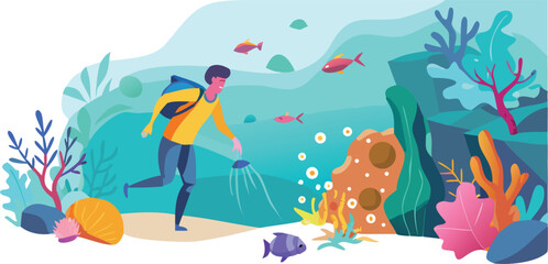 Man with a backpack and fishing rod standing in the ocean, casting his line into the water under a clear blue sky.