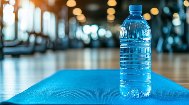 A close-up of a water bottle on a blue exercise mat with gym equipment blurred in the background.