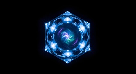Dynamic blue energy swirling within a geometric crystalline structure against a dark background, perfect for futuristic design