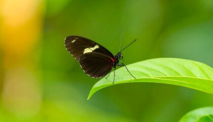 Fototapeta premium Black Butterfly Resting on Leaf Outdoors