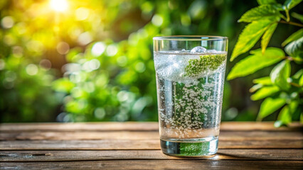 A glass of water with lime and ice on a wooden table outdoors