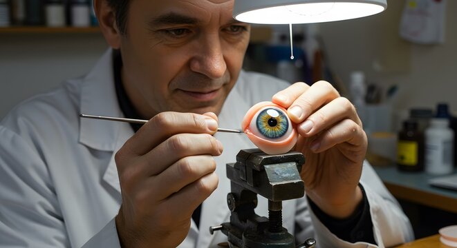 Ocularist Crafting a Prosthetic Eye with Precision Tools in Workshop Setting - Powered by Adobe