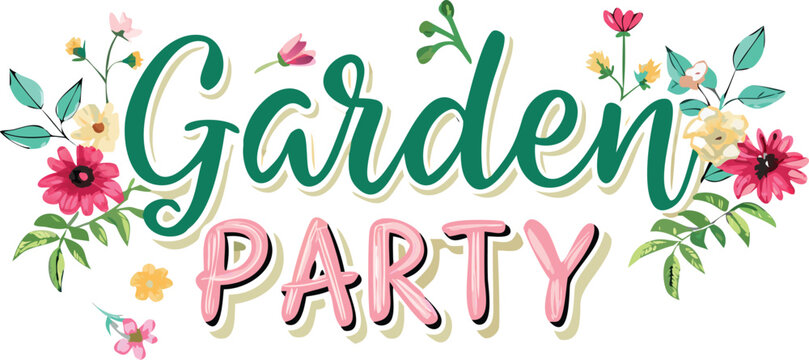 Logo for a garden party featuring floral elements and elegant typography.