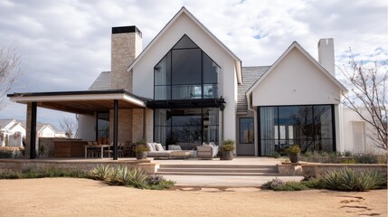 Modern farmhouse exterior with covered patio.