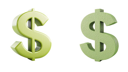 Obraz premium Two green dollar signs with textured surfaces, symbolizing currency and finance. symbols are isolated on transparency background