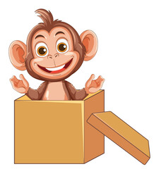 Cartoon Baby Monkey Popping Out of Cardboard Box