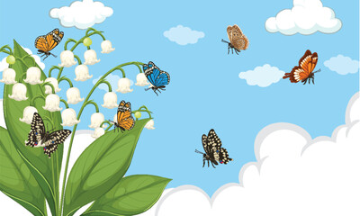 Butterflies Flying Around Lily of the Valley Flowers
