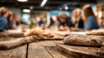 Medium shot showcasing a wooden table scattered with heritage grains and sourdough starters blurred participants learning in the background to highlight an educational workshop