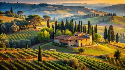 Naklejka premium Serene Country Estate Amidst Rolling Hills and Verdant Vineyards at Golden Hour