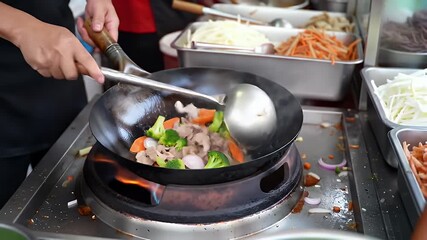 Expert Street Food Vendor Stir Frying Vegetables and Meat in Wok Over Open Flame Detailed Close Up Action on Mobile Food Cart Dynamic Culinary Scene Vibrant Colors and Traditional Cooking Method