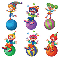 Colorful Cartoon Clowns Balancing on Circus Balls