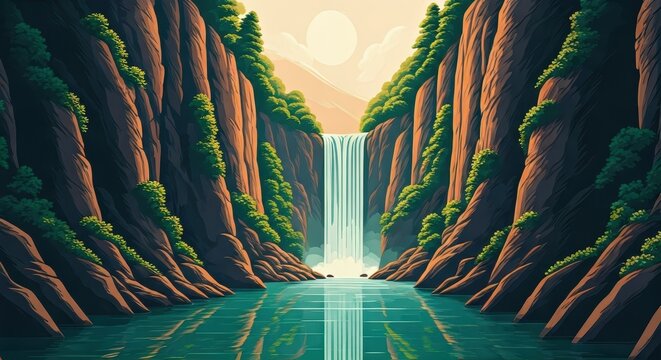 A serene digital illustration depicts a waterfall cascading between tall, verdant cliffs into a tranquil pool, bathed in soft, warm sunlight