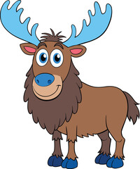 Cartoon reindeer with blue eyes and antlers, smiling cheerfully against a simple background.