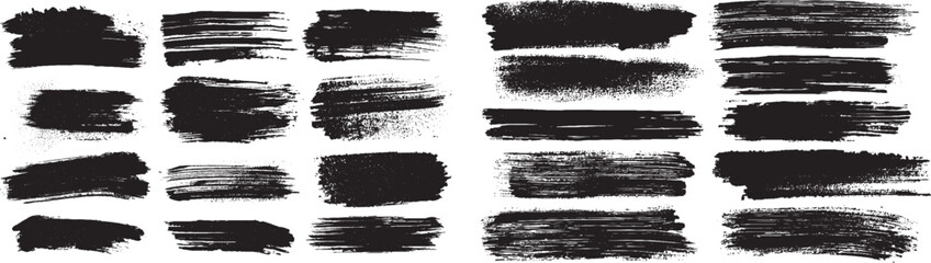Set of black brush stroke, ink splatter and artistic design elements. Hand drawn dirty watercolor texture Collection of black brush stroke textures on white background.
