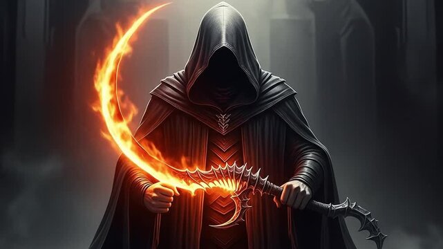 Shadowy Ninja Warrior: A grayscale digital painting of a mysterious ninja, wielding fire swords, cloaked in darkness, and exuding an aura of power and stealth.