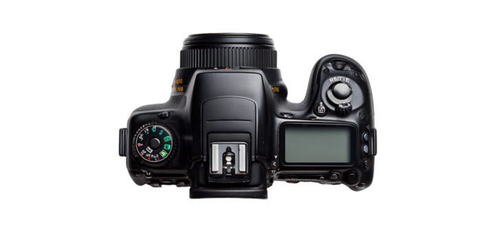 Top View of a Modern Black Digital Camera Against a Transparent Background, PNG