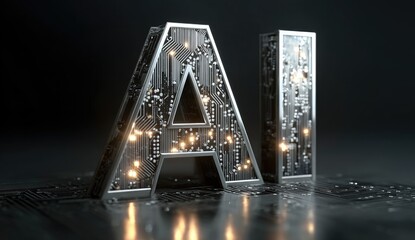 Polished, circuit-filled AI lettering against a dark reflective surface with soft light