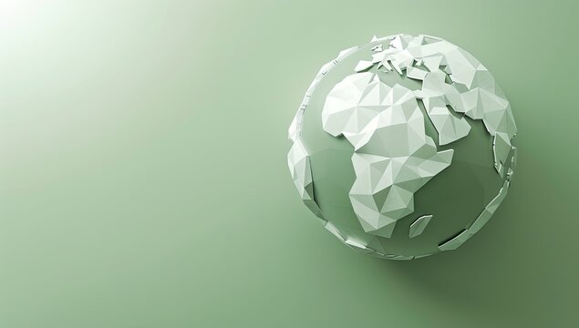 Low-poly Earth model, green background, global sustainability concept, website banner