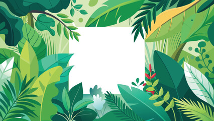 Lush tropical jungle background featuring vibrant green leaves and various plants.