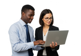 Business colleagues working together on laptop isolated on transparent background