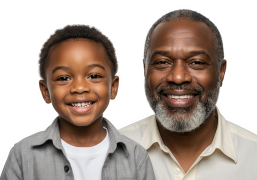 Smiling grandfather with grandson portrait isolated on transparent background