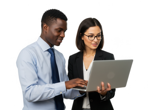 Business colleagues working together on laptop isolated on transparent background