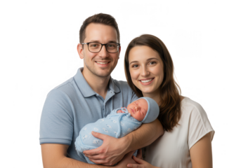 Happy family with newborn baby smiling together isolated on transparent background