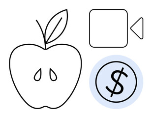 Apple with two seeds, video recording icon, and coin inside a light circle. Ideal for health, wellness, technology, economy, education creativity digital marketing. Simple flat metaphor