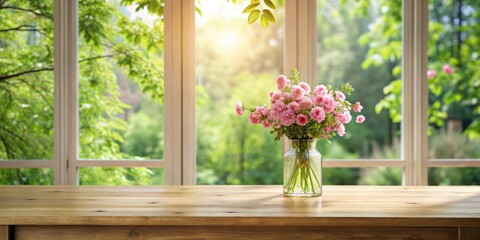 A bouquet of delicate pink flowers in a clear glass vase sits on a light wooden table, bathed in the warm sunlight streaming through a large window overlooking a lush green garden.