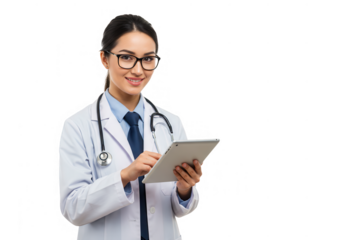 Female doctor using tablet in clinic isolated on transparent background