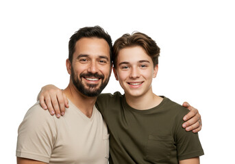 Smiling father and son portrait with arm around shoulder isolated on transparent background