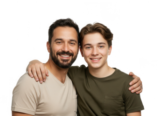 Smiling father and son portrait with arm around shoulder isolated on transparent background