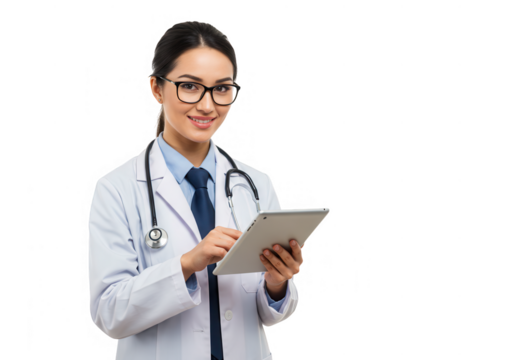 Female doctor using tablet in clinic isolated on transparent background