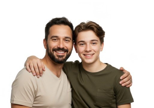 Smiling father and son portrait with arm around shoulder isolated on transparent background