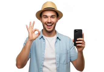 Smiling man with phone showing ok sign isolated on transparent background