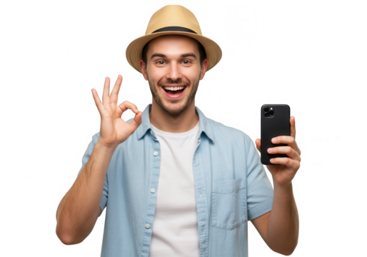 Smiling man with phone showing ok sign isolated on transparent background
