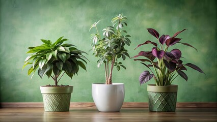 Fototapeta premium Three potted plants arranged on a wooden surface against a textured green wall