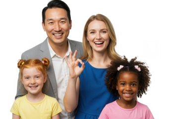 Smiling family with two daughters posing together isolated on transparent background